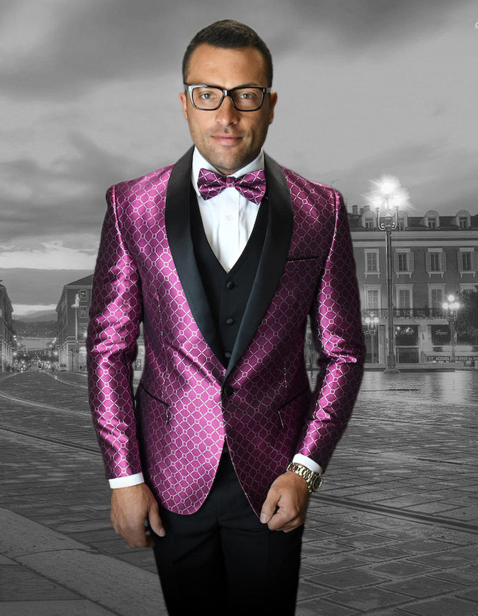 Mens Vested One Button Shawl Tuxedo in Geometric Chain Print in Fuschia - 36 Short