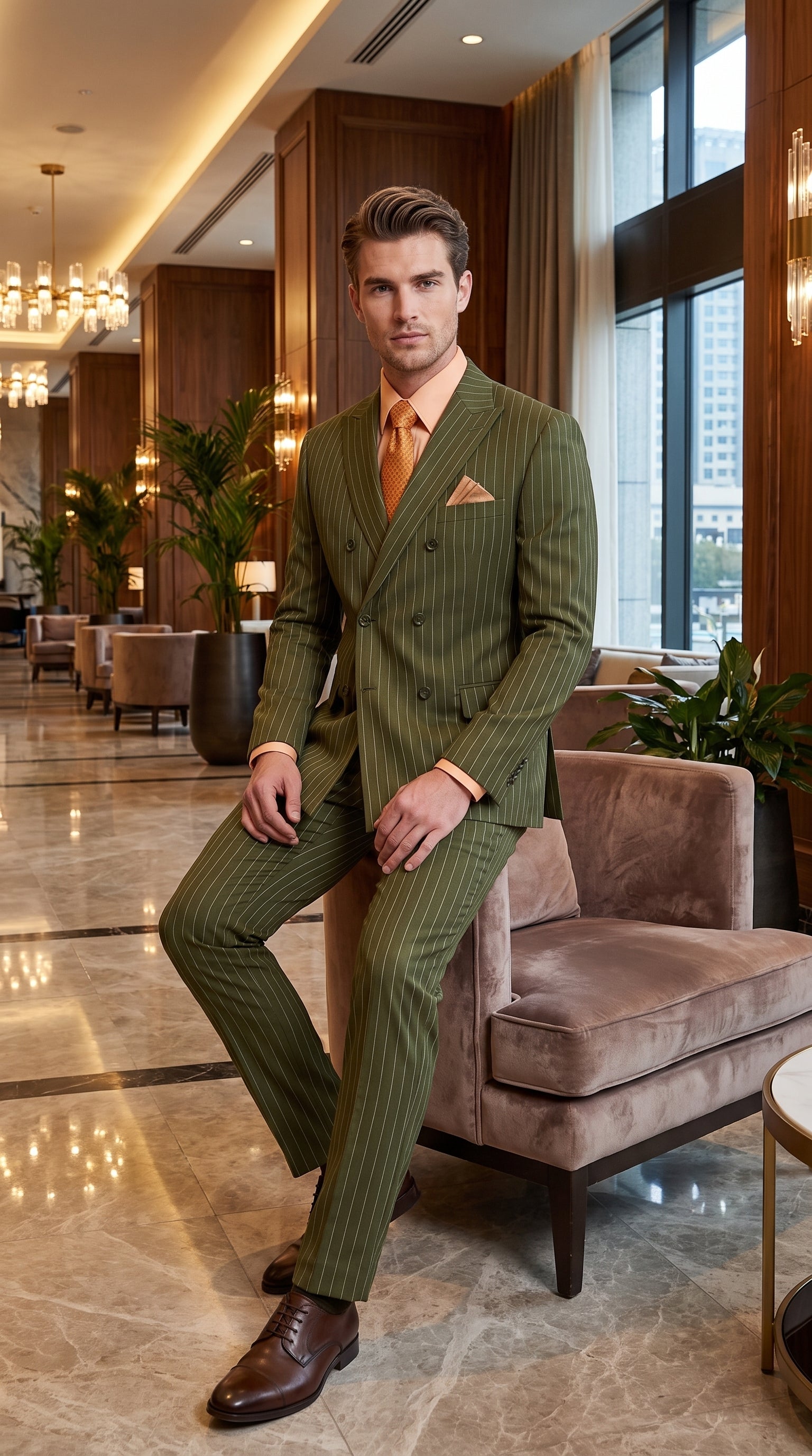 Men’s Olive Green Pinstripe Double-Breasted Suit – Classic Wedding, Business and Formal Suit - 34 Short or Extra Small