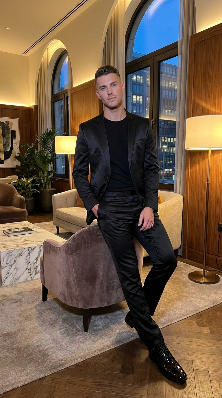 Men’s Black Shiny Sharkskin 2 Piece Suit, Formal Wedding Prom Party Dress Suit - 34 Short or Extra Small