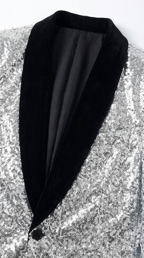 Men’s Silver Sequin Blazer Disco Style Jacket – Black Lapel Party Blazer, Shiny Evening Wear, 70s Dance Outfit, Formal Event Jacket