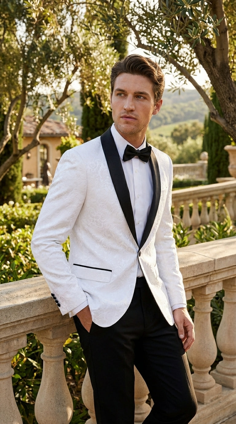 Men’s White Dinner Jacket Disco Blazer 1980s Sequin Style Jacket – Black Lapel Party Blazer, Formal Masquerade Club Wear Paisley Fabric + Bowtie - 34 Short