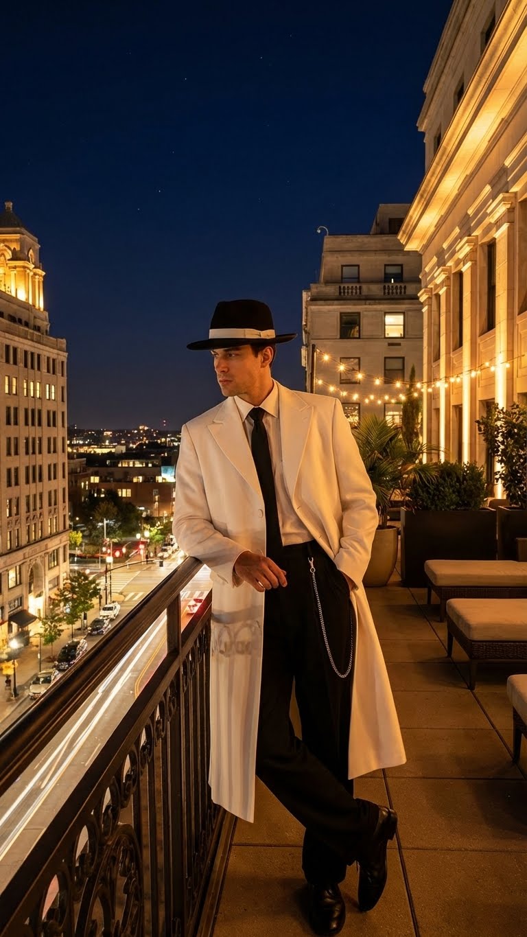 Men’s White Long Zoot Style Suit  | Vintage Gangster Mafia Formal Coat with Black Pants - 34 Short or Extra Small