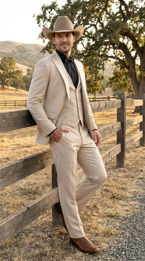 Mens Tan Cowboy Suit Western Formal Two Piece Suit for Weddings,  Champaign Sand Color