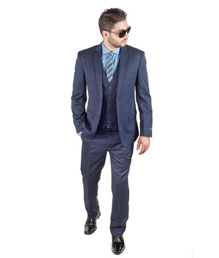 Men Dark Navy Blue Suit For Men 3 Piece Suit Slim Fit With Double Vested - L or Large