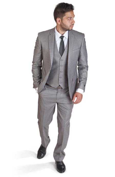 Mens Silver Suit Two Button Slim Fit Men 3 Piece Vested Silver Grey Suit - Dress Suit For Men - L or Large