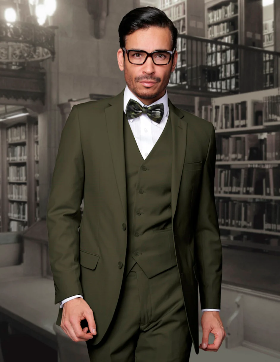 100 Percent Wool Suit - Mens Wool Business Olive Green Suits