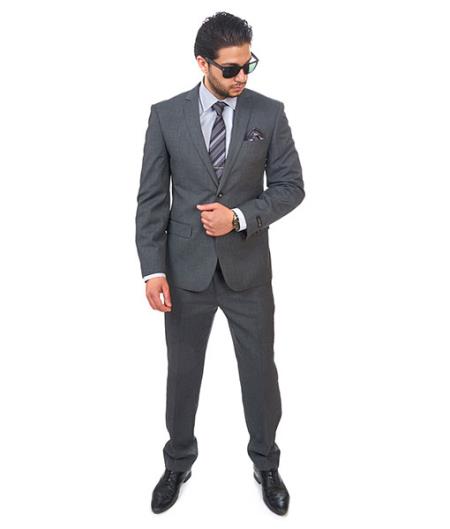 Men Suit 2 Button Dark Grey Slim Fit Double Vent Flat Front Pants - Dress Suit For Men - L or Large