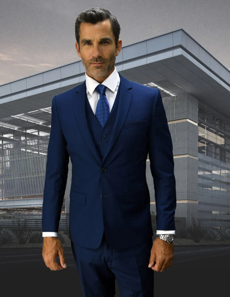 100 Percent Wool Suit - Mens Vested Wool Business Sapphire Suits