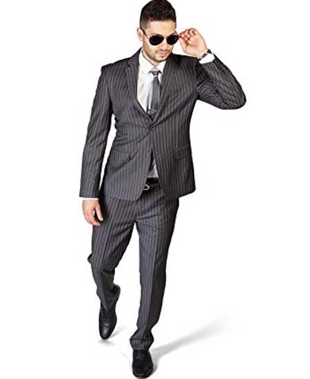 Men's Slim Fit Stripe ~ Skinny Style Grey 2 Button Pinstripe Flat Front Pants Cheap Priced Business Suits Clearance Sale - L or Large