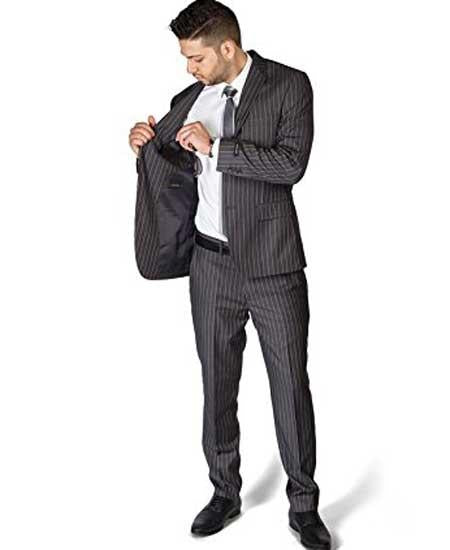 Men's Slim Fit Stripe ~ Skinny Style Grey 2 Button Pinstripe Flat Front Pants Cheap Priced Business Suits Clearance Sale - L or Large