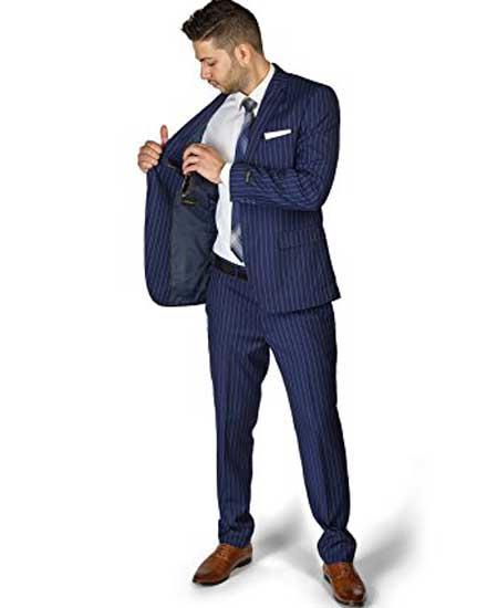 Men's 2 Button Slim Fit Stripe ~ Skinny Style Pinstripe Flat Front Pants Dark Navy Blue Suit For Men Cheap Priced Business Suits Clearance Sale - L or Large