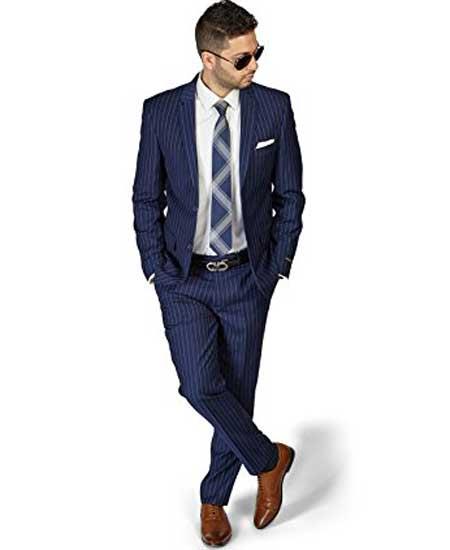Men's 2 Button Slim Fit Stripe ~ Skinny Style Pinstripe Flat Front Pants Dark Navy Blue Suit For Men Cheap Priced Business Suits Clearance Sale - L or Large