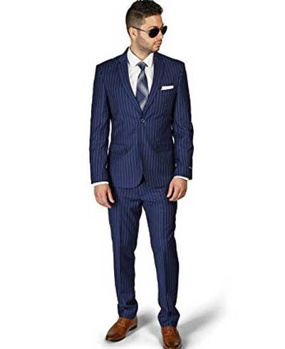 Cheap Priced Suit Men's 2 Button Slim Fit Dark Navy Blue Pinstripe Skinny Style Suit with Flat Front Pants
