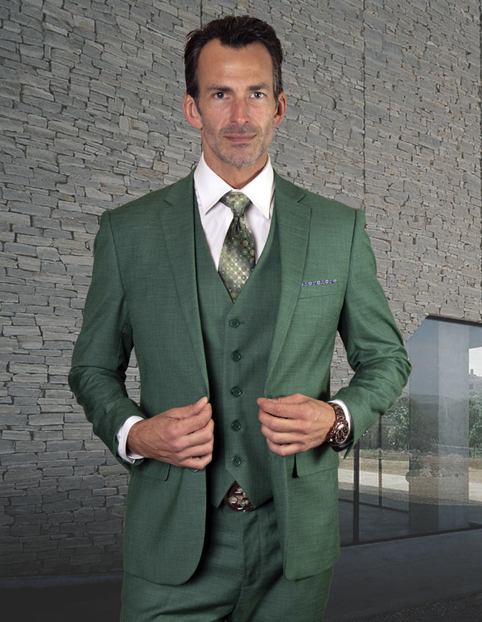 Mens 2 Button Slim Fit Vested Wool Suit in Forest Green - 38 Short Jacket+32 Waist Adjustable 28to34)(Height: 5 4 to5 7 )(Neck  15-16.5)S-M)