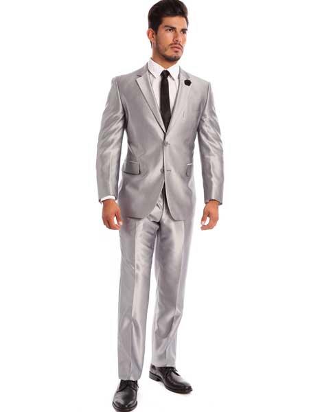 Men's Slim Fit Suit - Fitted Suit - Skinny Suit Men's Two Piece Silver Classic Fit Sharkskin Solid Italian Styled Suit - L or Large