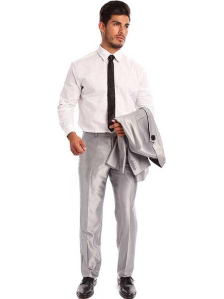 Men's Slim Fit Suit - Fitted Suit - Skinny Suit Men's Two Piece Silver Classic Fit Sharkskin Solid Italian Styled Suit - L or Large