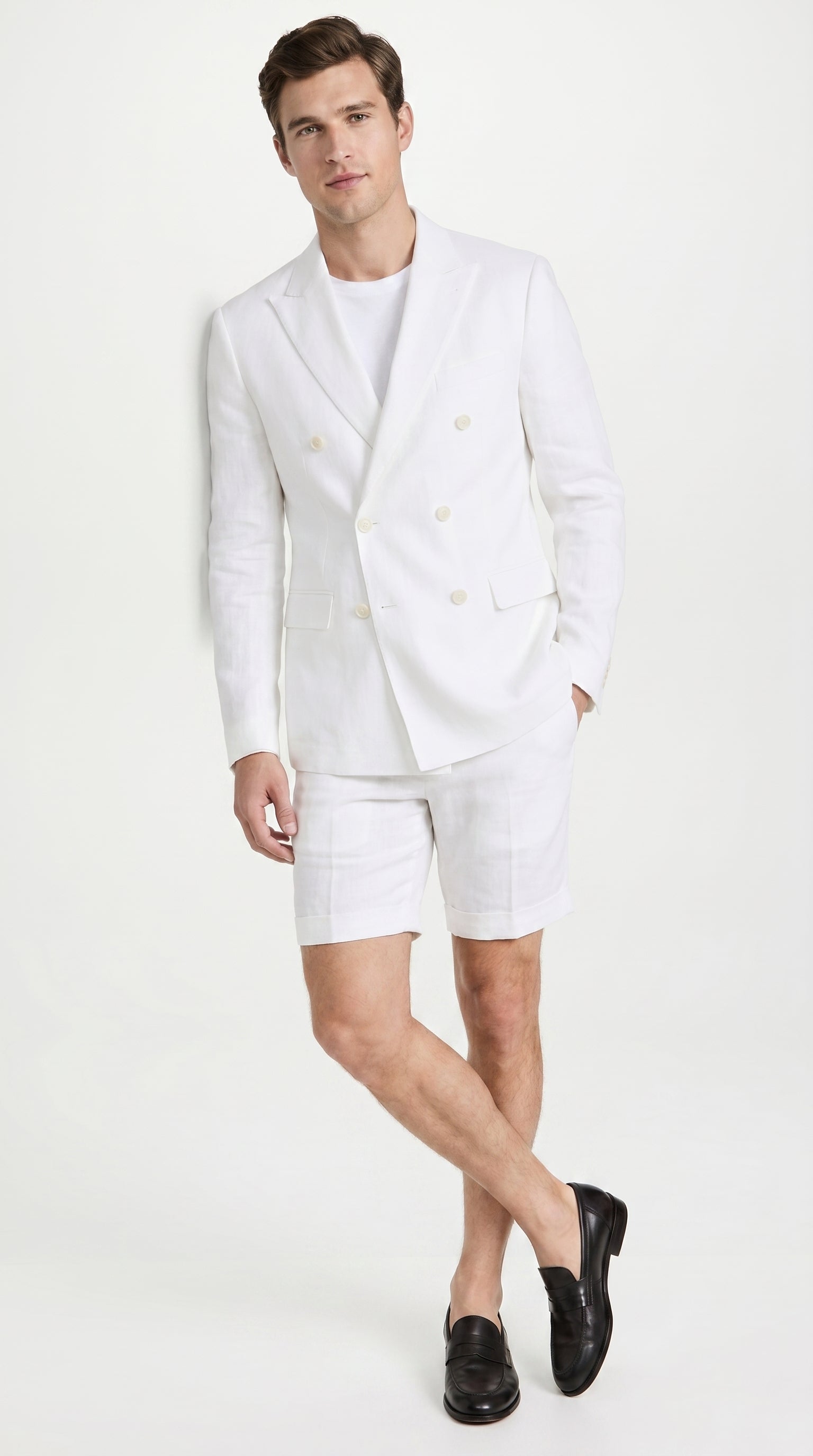 Men’s White Summer Suit with Shorts, 2 Piece Linen Style Wedding Beach Short Suit Set double breasted style - 34 Short or Extra Small