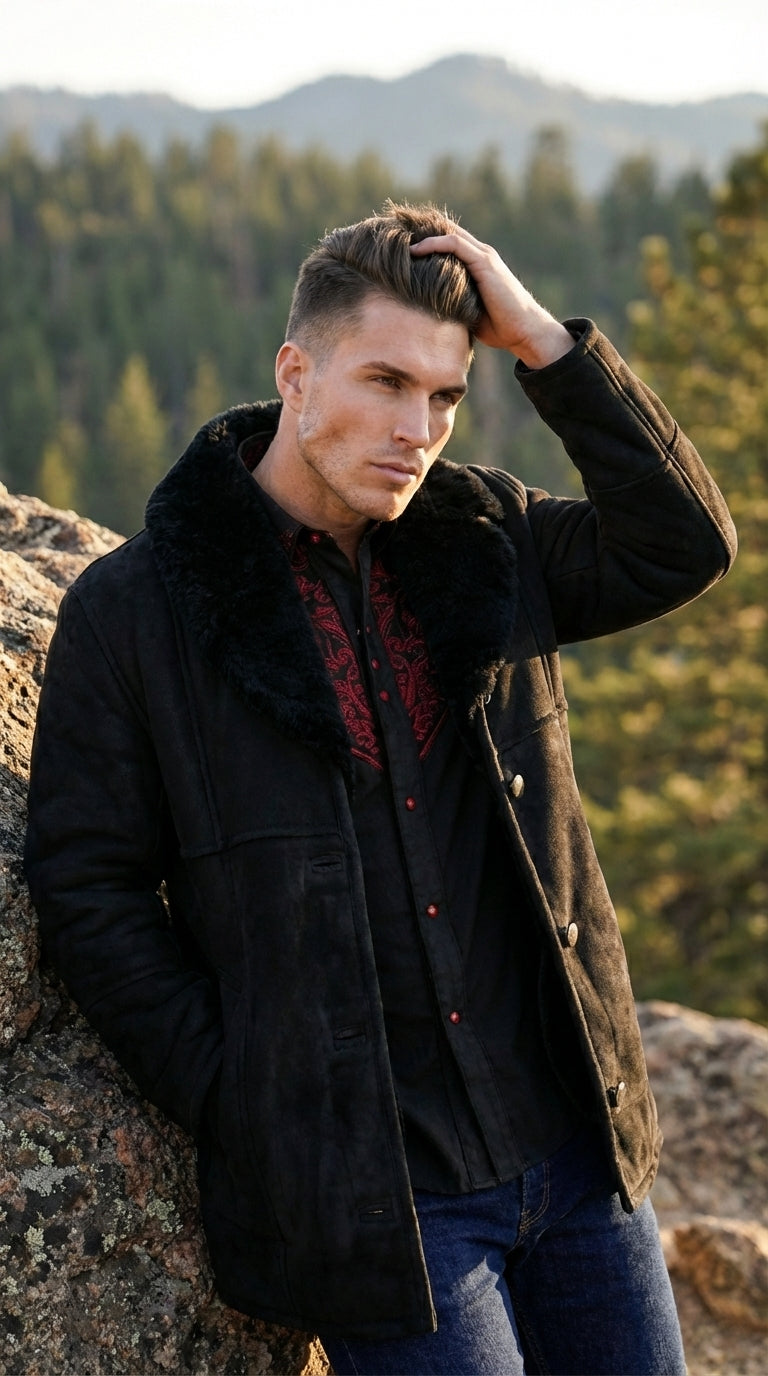Men’s Black Sheepskin Leather Jacket Cowboy – Warm Faux Fur Collar Coat, Winter Long Jacket, Casual Western Style Outerwear - S