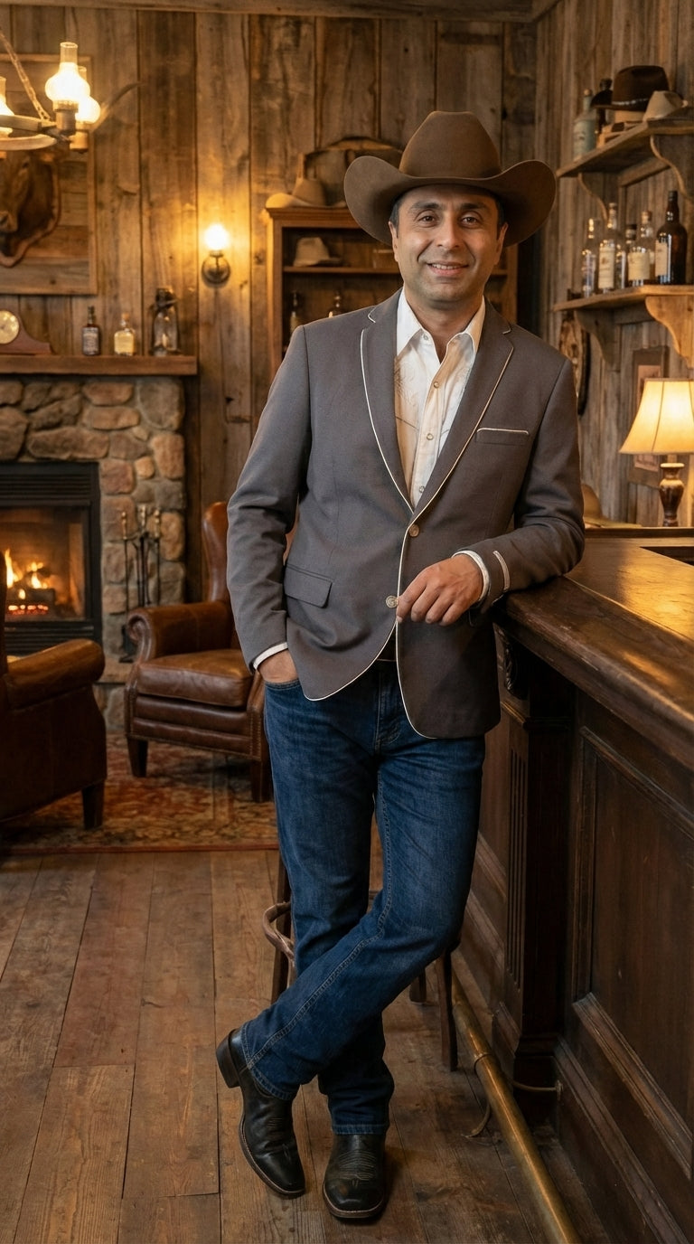 Mens Grey and White Trim Western Blazer – Classic Fit Cowboy Style Contrast Trim Dress Jacket - 34 Short