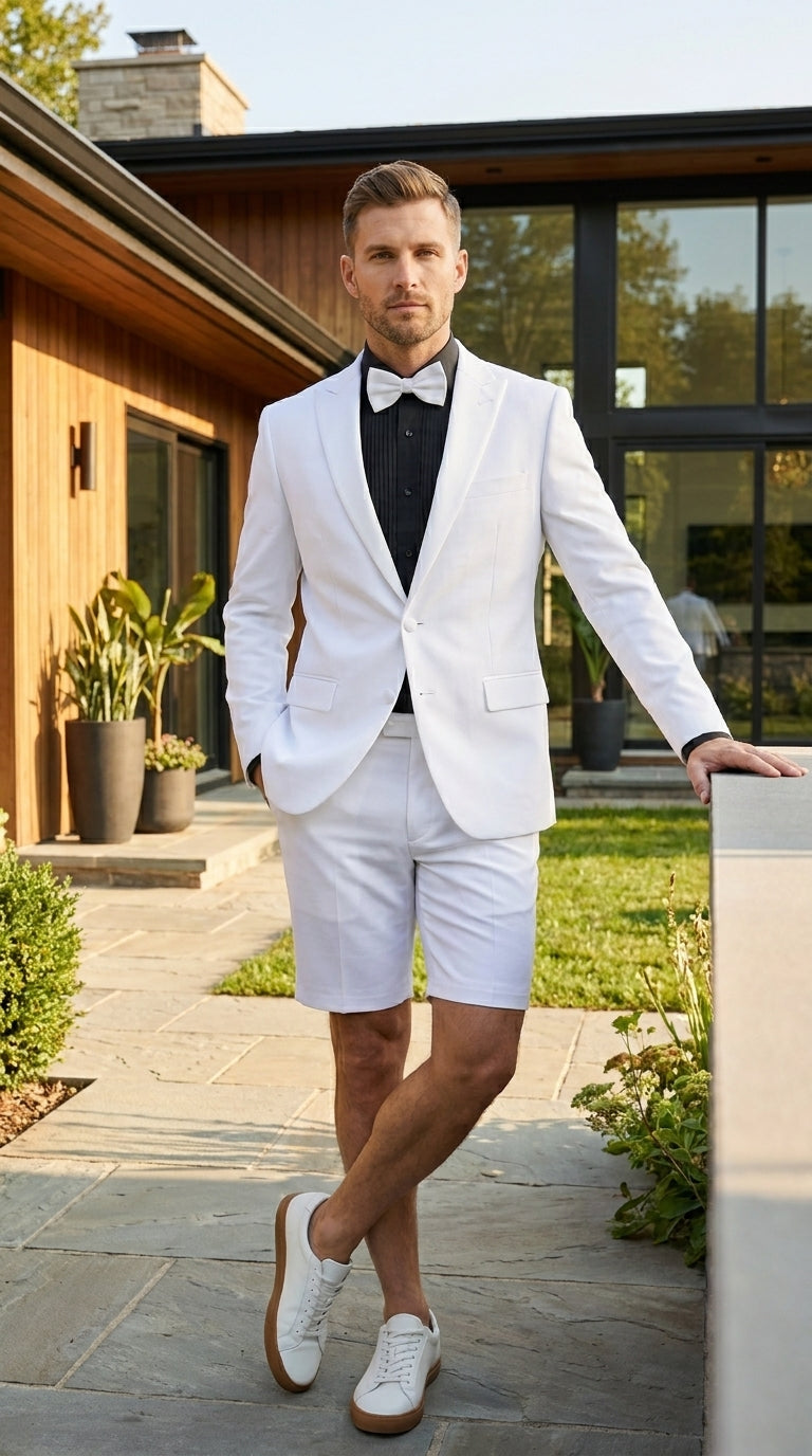 Men’s White Tuxedo Suit with Shorts – Modern Formal Blazer and Short Pants Set for Wedding, Prom Summer Fabric - 34 Short or Extra Small