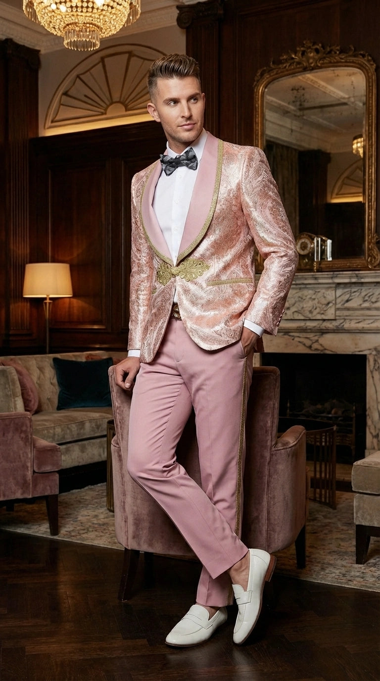Men’s Rose Gold Pink Prom Tuxedo Suit – Slim Fit Paisley Pattern Formal Tuxedo Suit for Prom, Wedding and Special Events - 34 Short or Extra Small