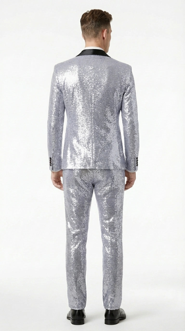Mens Silver Grey Sequin Tuxedo Suit – Shiny Wedding Suit Set with Black Lapel for Prom, Party, Gala and Formal Evening Wear - 34 Short or Extra Small