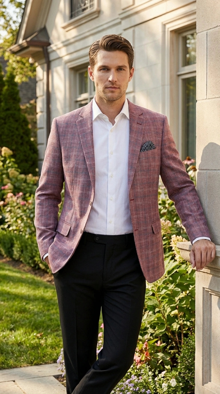 Mens Dusty Rose Mauve Pink with Tint of Blue Plaid Sport Coat Blazer – Classic Check Pattern Casual Blazer Jacket for Business Casual, Wedding - 36 Short