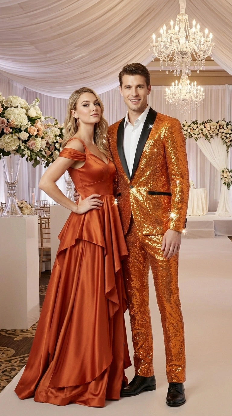 Mens Orange Sequin Tuxedo Suit – Shiny Wedding Suit Set with Black Lapel for Prom, Party, Gala and Formal Evening Wear - Goldish Orange - 34 Short or Extra Small