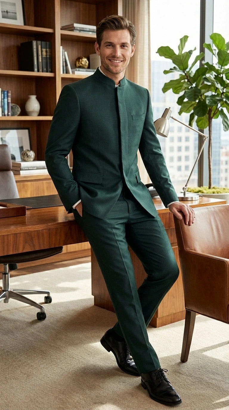 Men’s Olive Green Tuxedo Mandarin Collar Suit – Modern Nehru Style Formal Suit for Wedding Banded Collar - 34 Short or Extra Small
