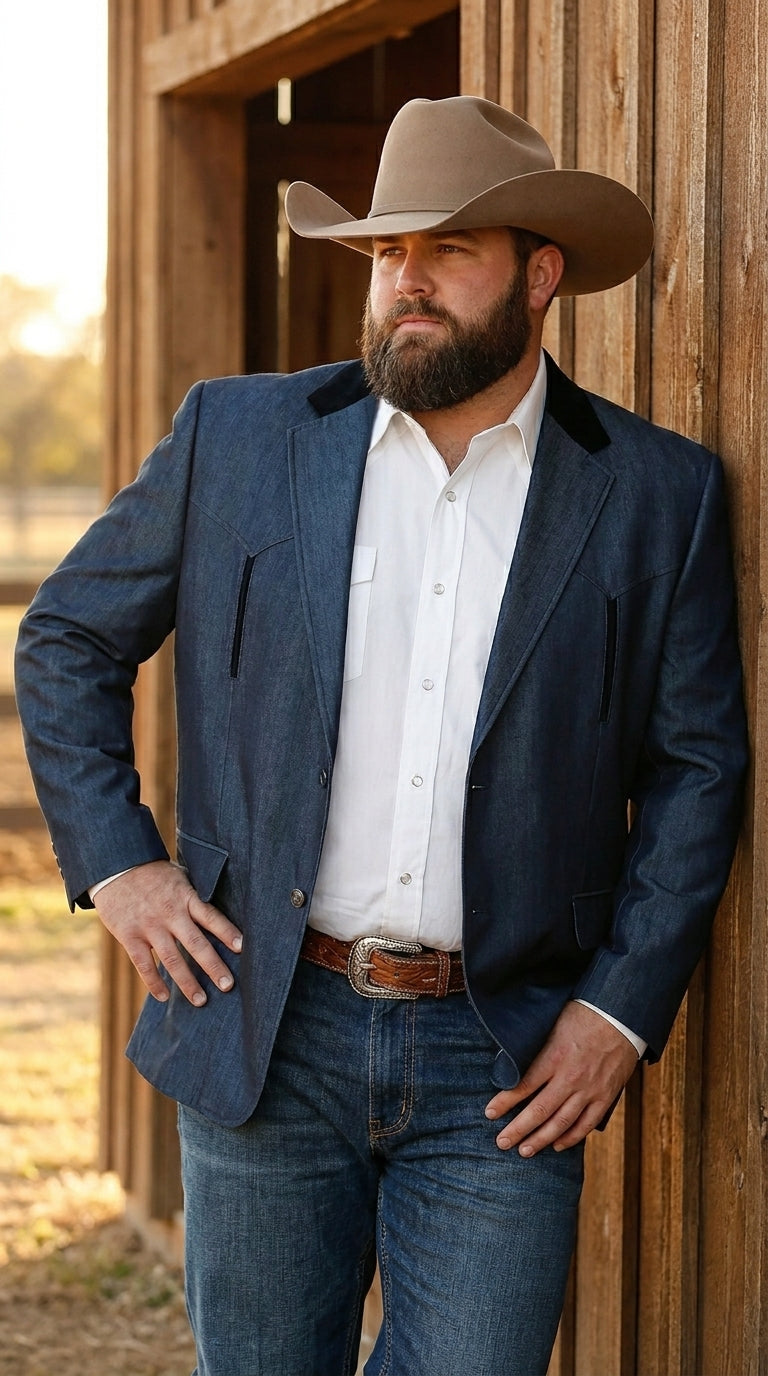 Men’s Sapphire Indigo Western Cowboy Blazer – Classic Western Style Jacket, Country Casual Dress Blazer in Navy Blue with sheen - 36 Short