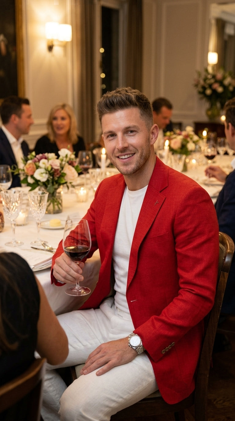 Men’s Red Linen Blazer, Lightweight Business Casual Wedding Sport Coat Jacket - 36 Short