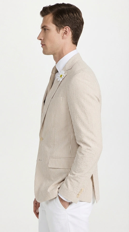 Mens Beige Seersucker Blazer – Lightweight Striped Summer Sport Coat Casual Smart Formal Jacket