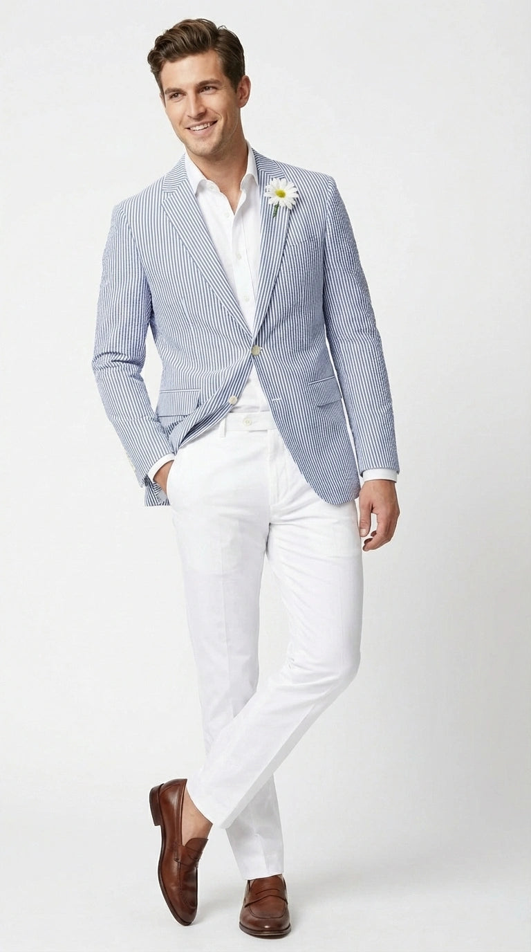 Mens Blue Seersucker Blazer – Lightweight Striped Summer Sport Coat Casual Smart Formal Jacket - 36 Short