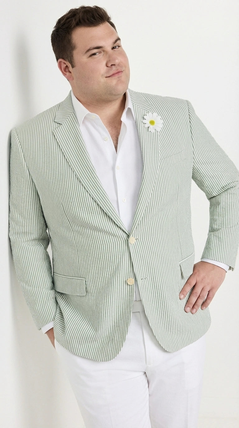 Mens Sage Green Seersucker Blazer – Lightweight Striped Summer Sport Coat Casual Smart Formal Jacket - 36 Short