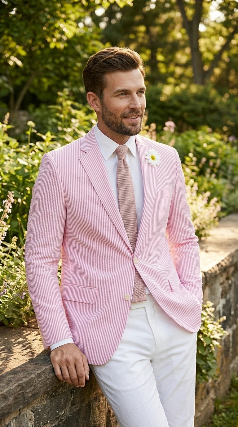 Mens Pink Seersucker Blazer – Lightweight Striped Summer Sport Coat Casual Smart Formal Jacket - 36 Short