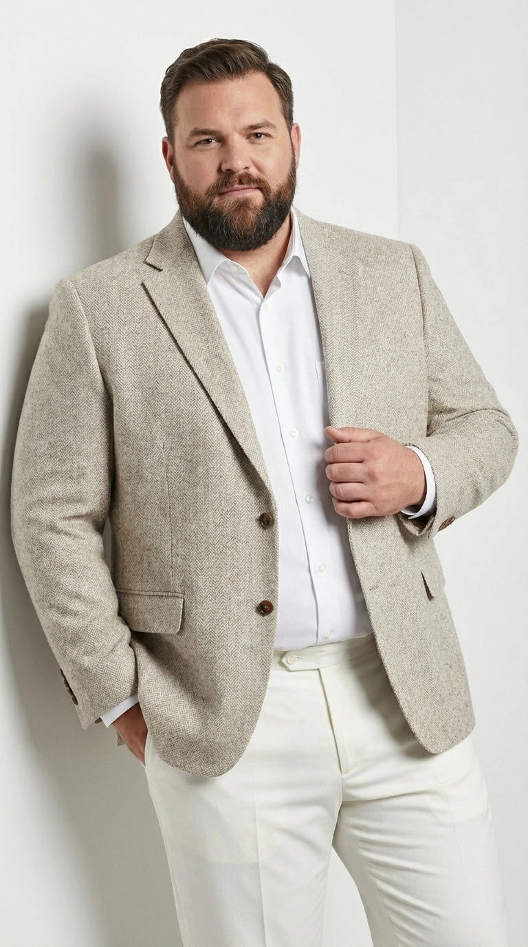 Men’s Light Tan Tweed Blazer – Classic Herringbone Sport Coat, Beige Casual Formal Jacket, Vintage Style Business & Smart Casual Wear - 36 Short
