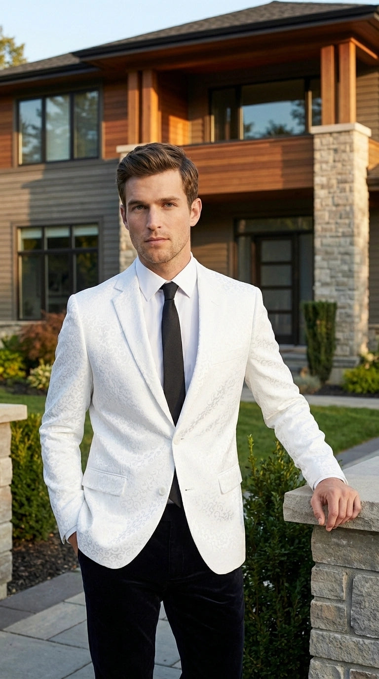 Men’s White Disco Blazer 1980s Sequin Style Jacket – Lapel Collar Party Blazer, Formal Evening Wear, Halloween Masquerade Club Outfit - 36 Short