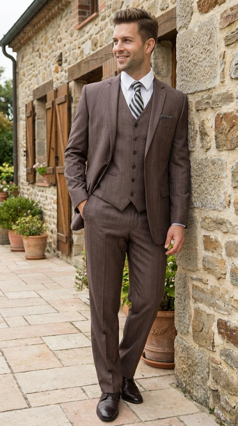 Men’s Brown Sharkskin 3 Piece Suit – Textured Two Button Vested Business Formal Suit for Wedding, Party Wear Vested - 34 Short or Extra Small