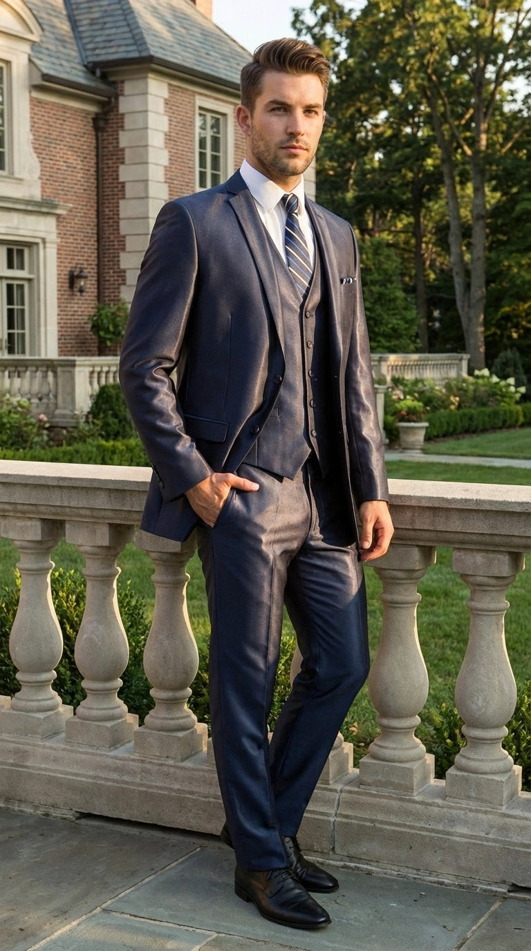 Men’s Navy Blue Sharkskin 3 Piece Suit – Two Button Vested Shiny Formal Suit for Wedding, Prom, Business and Party Wear - 34 Short or Extra Small