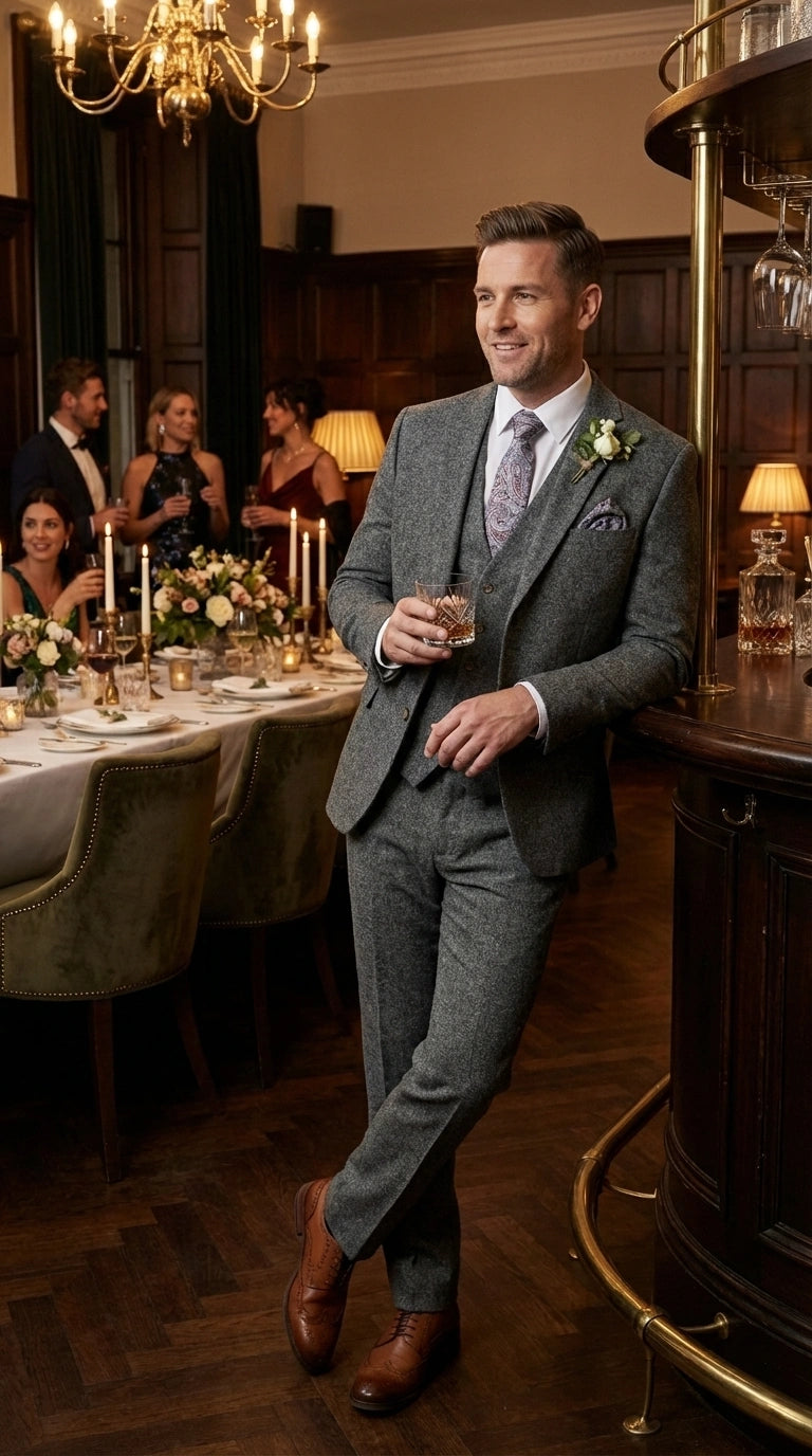 Men’s Peaky Blinder Light Grey Tweed Suit with Vest – Classic Three Piece Formal Suit, Vintage Wedding Business Outfit - 34 Short or Extra Small