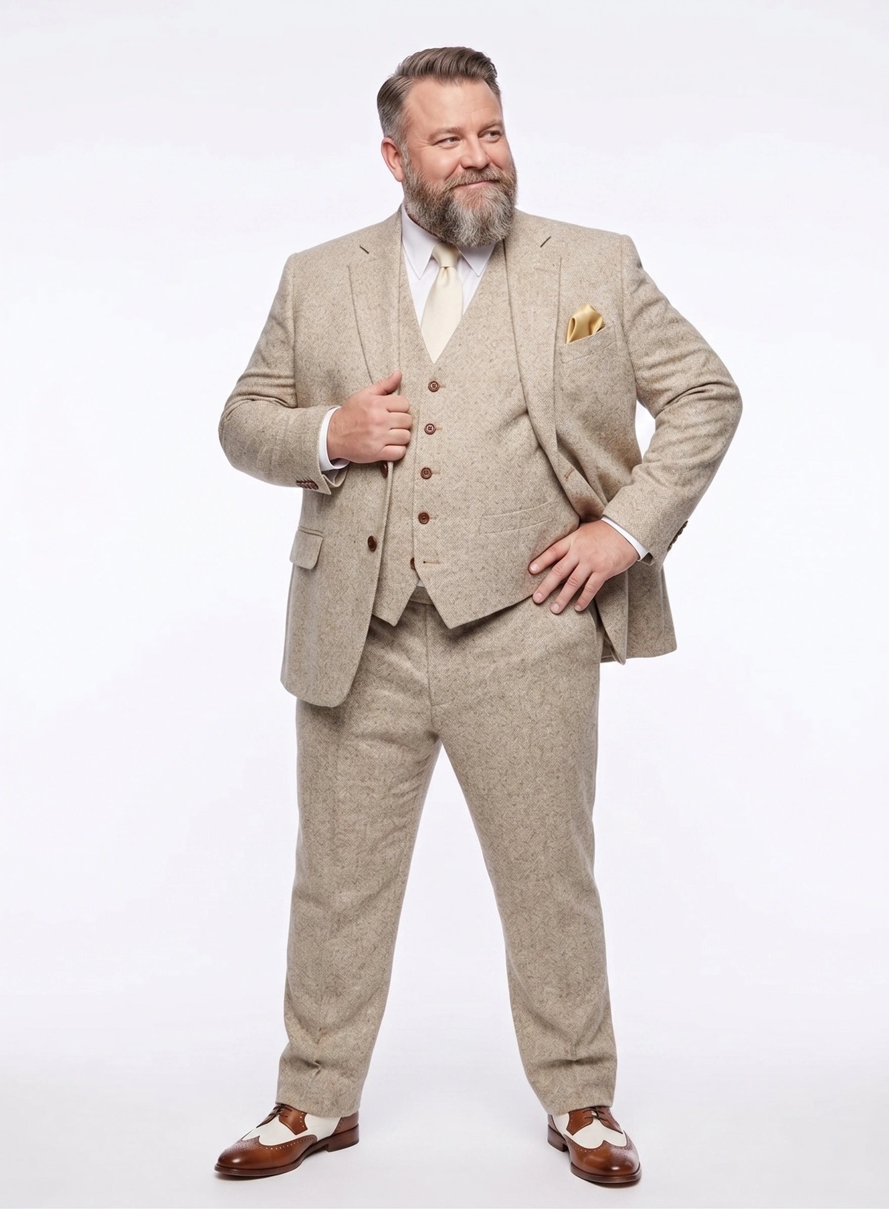 Men’s Light Tan Tweed Great Gatsby 3 Piece Suit – Vintage Vested Wedding Suit, 1920s Classic Formal Outfit Herringbone - 34 Short or Extra Small