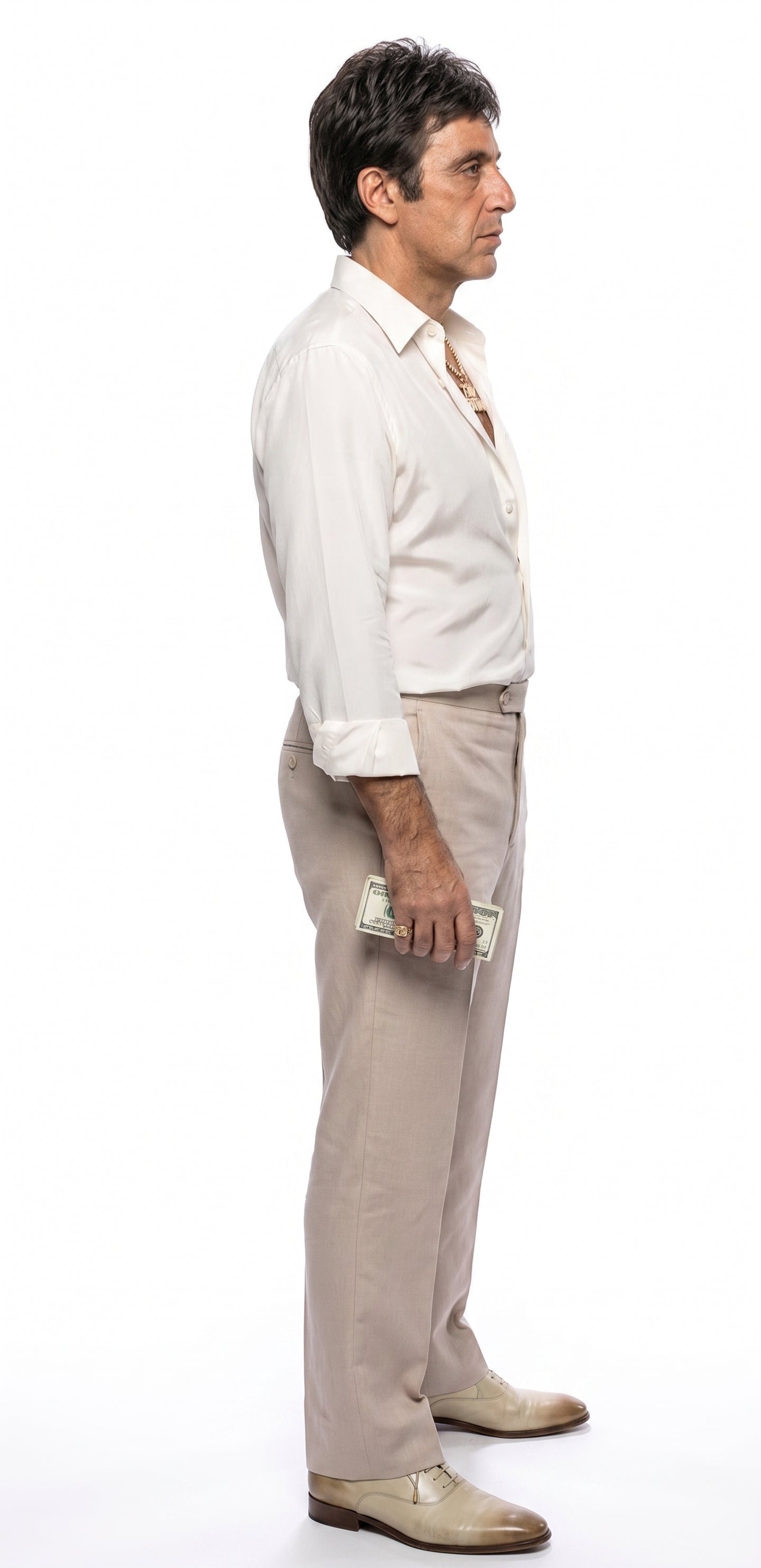 Tony Montana’s White Linen Shirt and Tan Pants – Men’s White Formal Shirt with Tan Trousers for Party, Wedding and Vintage Style Outfit - 15.5” Neck / 32-33” Sleeve