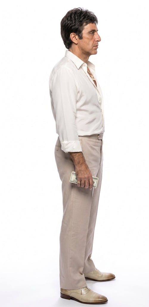 Tony Montana’s White Linen Shirt and Tan Pants – Men’s White Formal Shirt with Tan Trousers for Party, Wedding and Vintage Style Outfit