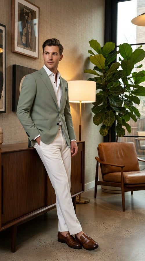 Mens Sage Green Blazer Two Button Notch Lapel Formal Jacket for Wedding, Summer and Party Wear in Light Green Sport Jacket