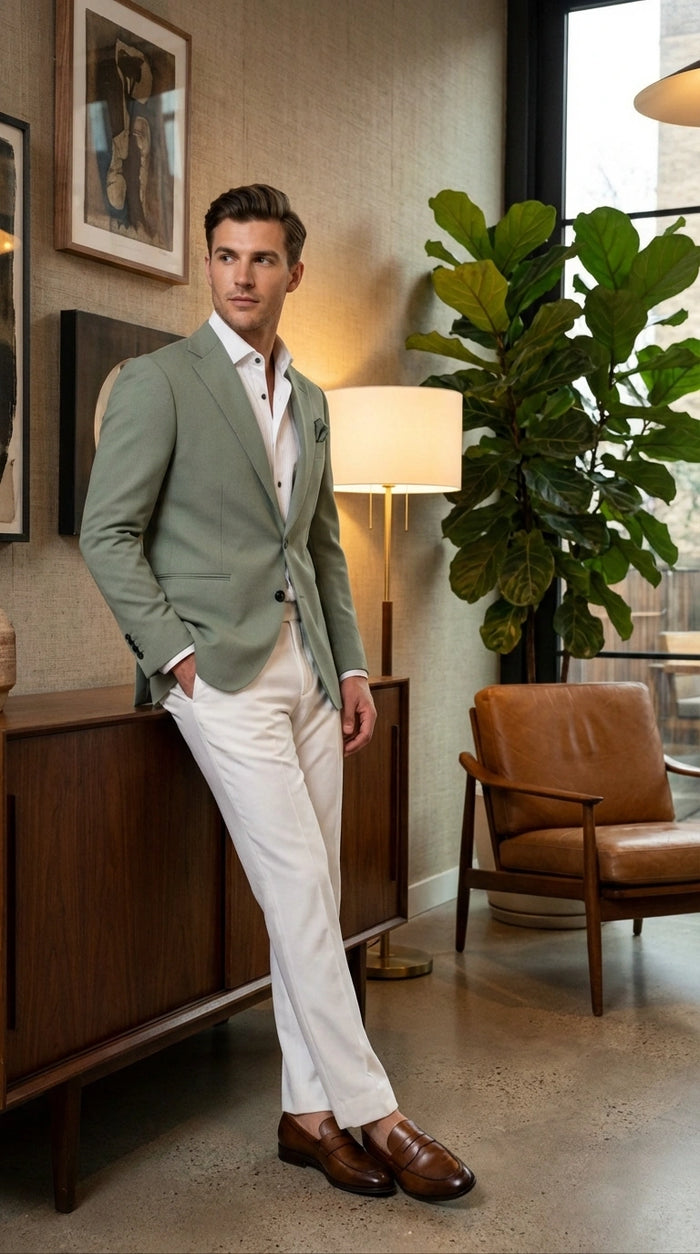Mens Sage Green Blazer Two Button Notch Lapel Formal Jacket for Wedding, Summer and Party Wear in Light Green Sport Jacket