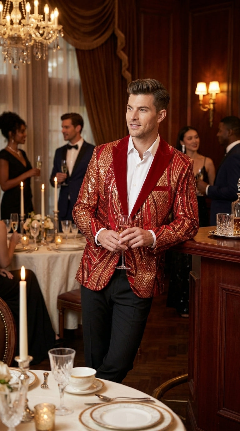 Men’s Red and Gold Sequin Christmas Holiday Blazer – Luxury Party Jacket for New Year, Wedding and Festive Events - 36 Short