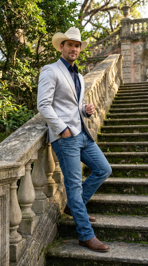 Mens Shiny Silver Cowboy Blazer Western Style Satin Finish Blazer for Party, Country Events and Evening Wear