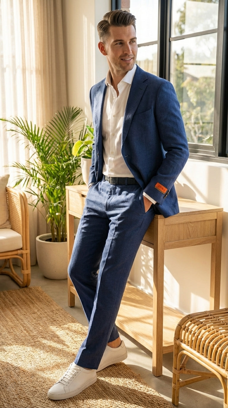 Mens Enzo Tovare Denim Blue Linen Summer Suit – Breathable Two Piece Suit for Wedding, Business, Travel - 34 Short or Extra Small