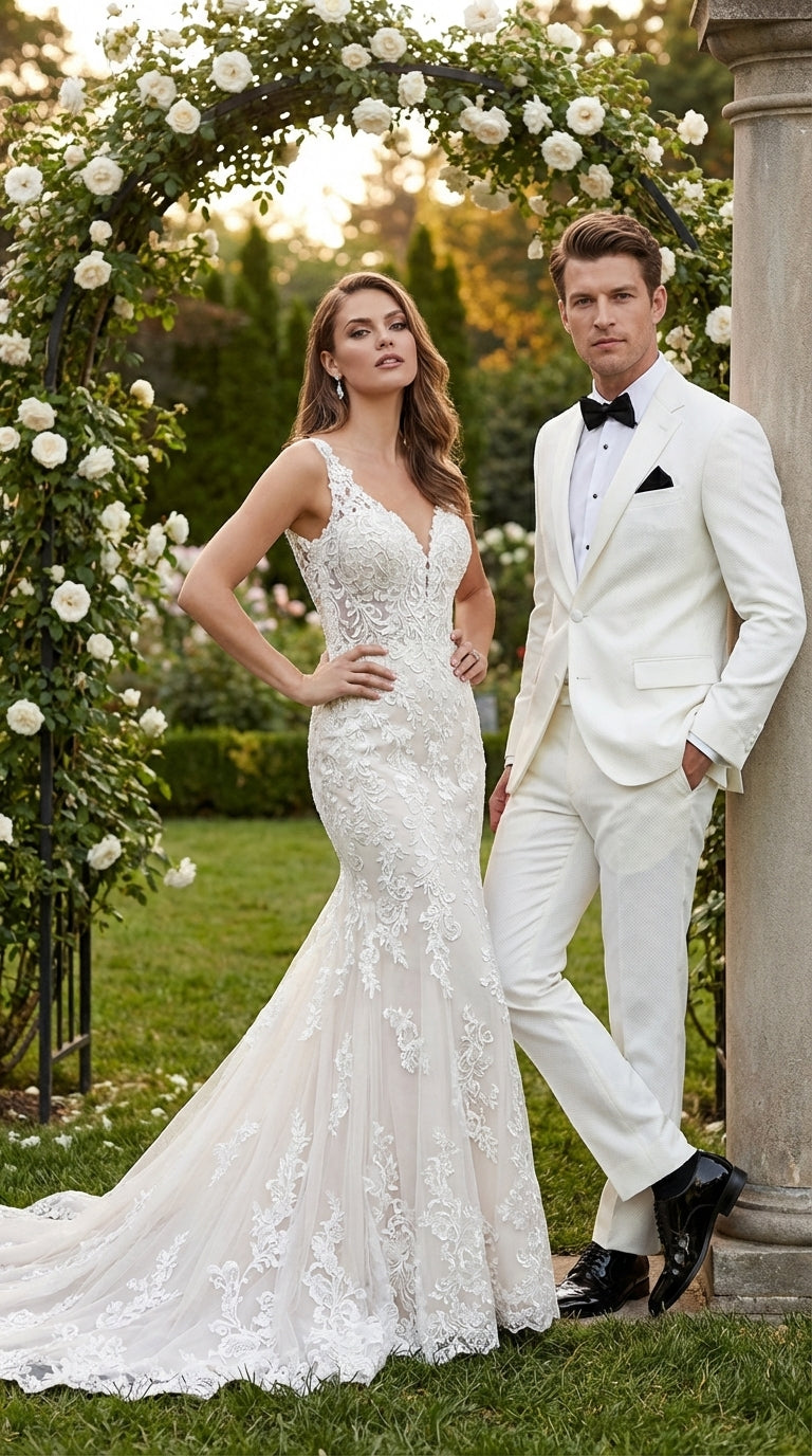 Mens White Wedding Tuxedo Suit – Formal Groom Suit Set Classic Dinner Jacket + White Tuxedo Shirt + Black Bow Tie - 34 Short or Extra Small