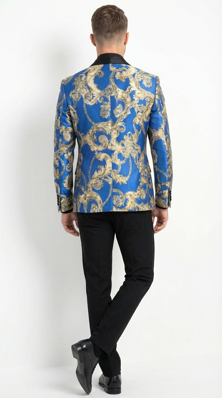 Men’s Royal Blue and Gold Blazer Jacket – Luxury Floral Pattern Tuxedo Blazer, Formal Party Wedding Dinner Jacket, Stylish Evening Wear - 36 Short
